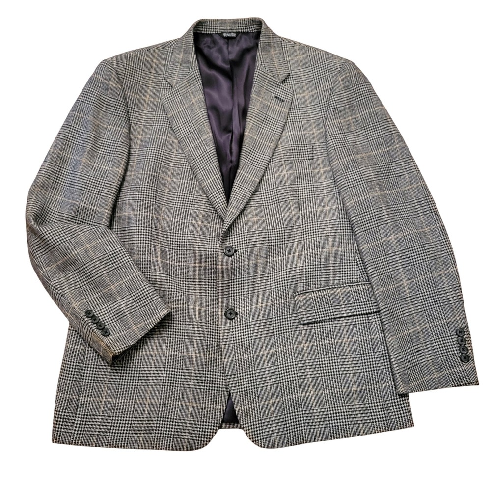 Bill Blass 44R Sport‎ Coat Black White Glen Plaid Camel Hair Blazer Jacket Vtg